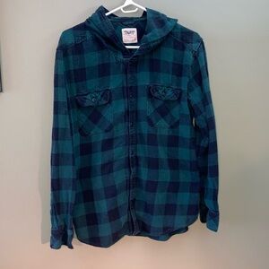 TNA Green and Black Button Down Shirt with Hood